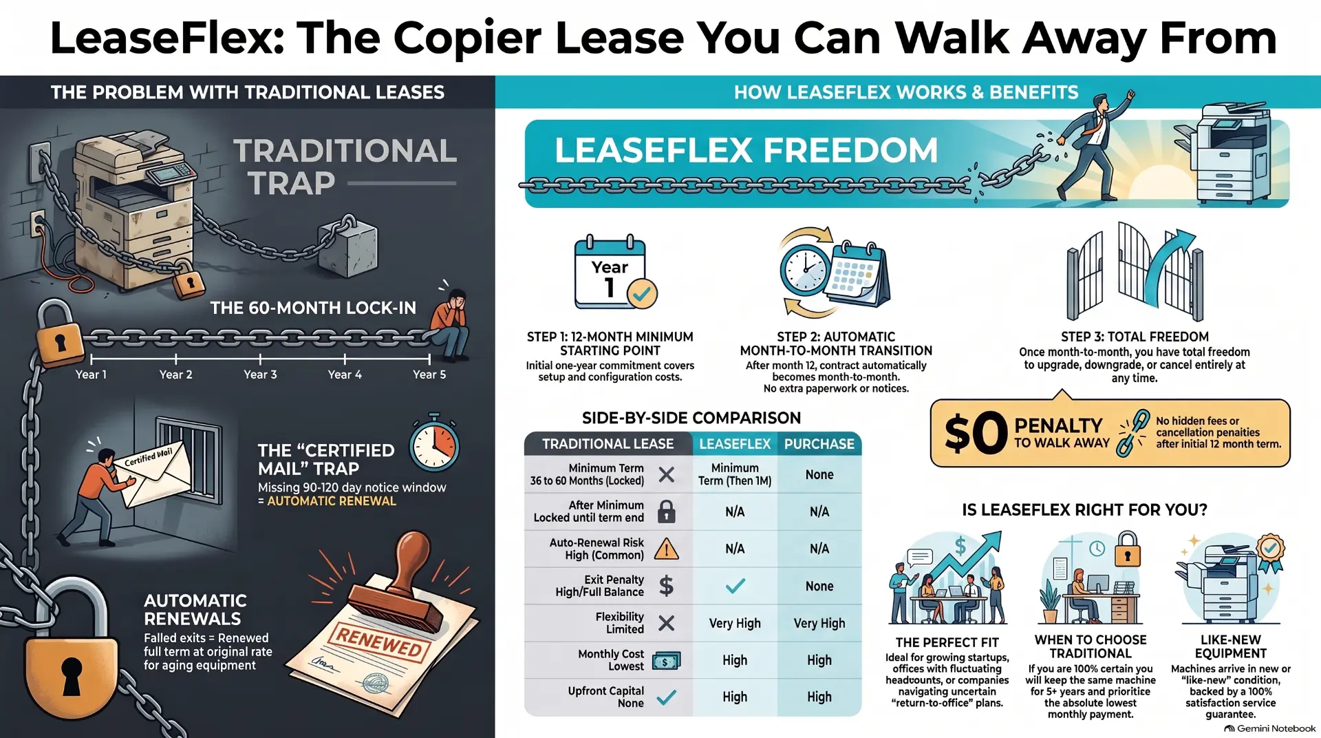 LeaseFlex vs traditional copier lease infographic — click to enlarge LeaseFlex infographic comparing traditional copier leases to LeaseFlex: 12-month minimum, month-to-month freedom, $0 penalty to walk away