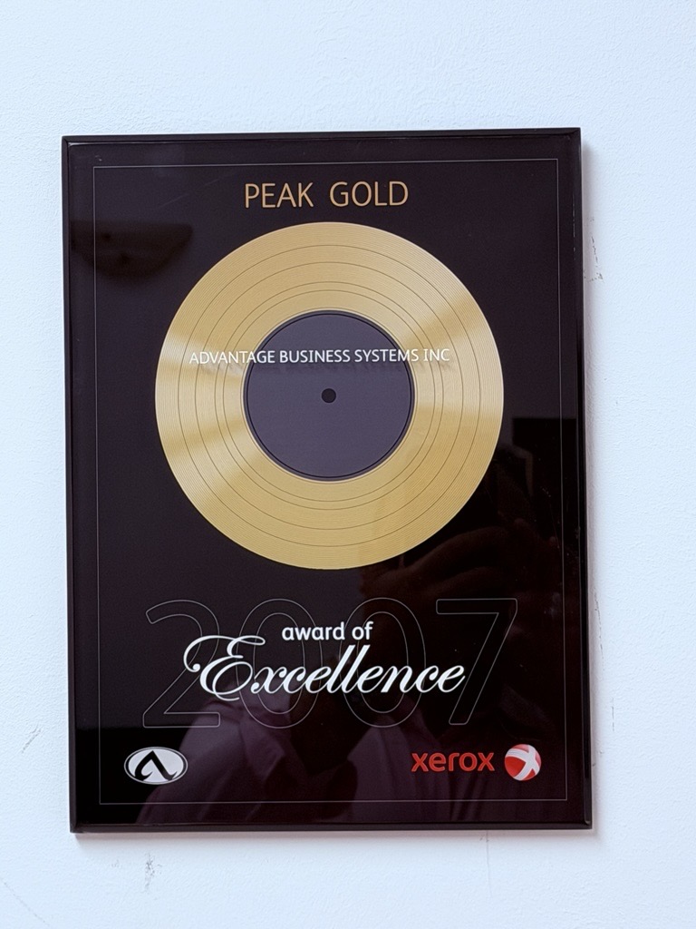 Xerox Peak Gold 2007 Award of Excellence — Advantage Business Systems Xerox Peak Gold 2007 Award of Excellence plaque presented to Advantage Business Systems Inc.
