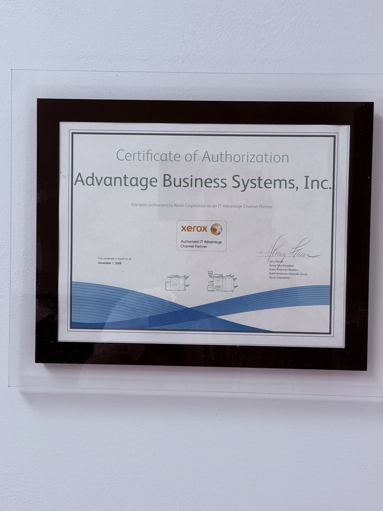 Xerox Certificate of Authorization — Advantage Business Systems IT Advantage Channel Partner Xerox Certificate of Authorization naming Advantage Business Systems, Inc. an authorized IT Advantage Channel Partner, issued November 1, 2008.