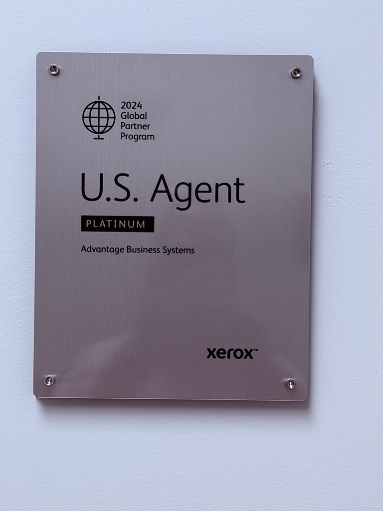 Xerox 2024 Global Partner Program — Platinum U.S. Agent, Advantage Business Systems Xerox 2024 Global Partner Program Platinum U.S. Agent plaque awarded to Advantage Business Systems, mounted in the New Haven, CT office.