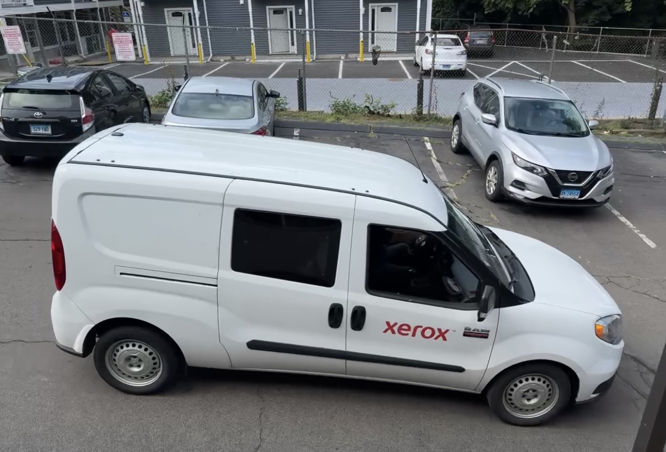 ABS Xerox service van heading out on a copier repair call from New Haven, CT Xerox-branded Advantage Business Systems service van parked at the New Haven, Connecticut office, stocked with parts for copier repair calls