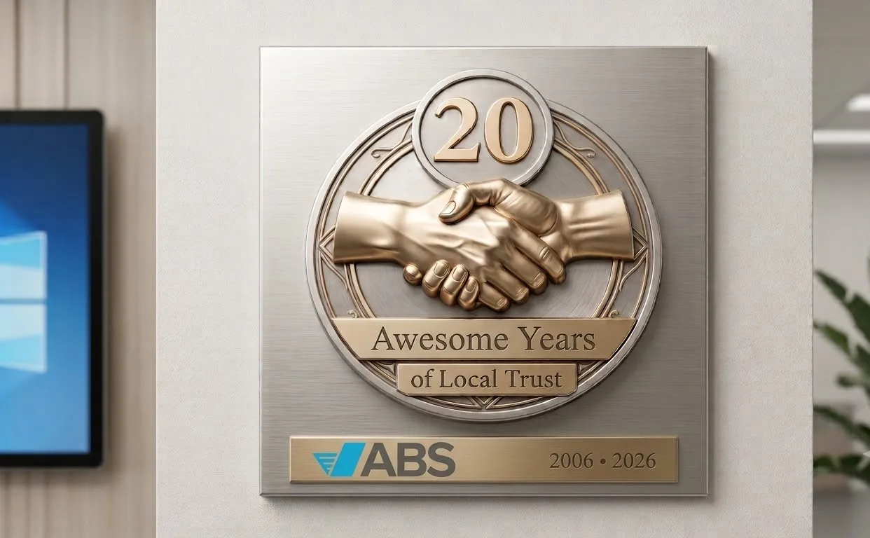 ABS celebrates 20 awesome years of local trust, 2006 to 2026.